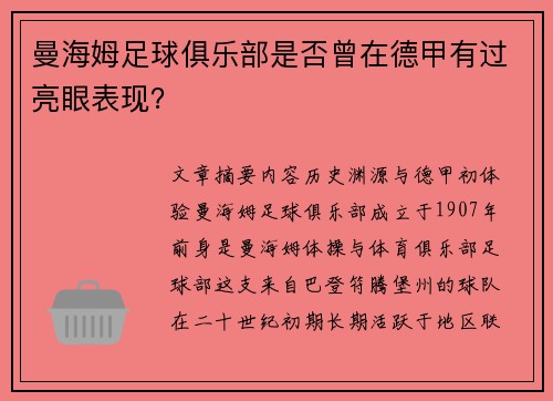 曼海姆足球俱乐部是否曾在德甲有过亮眼表现？